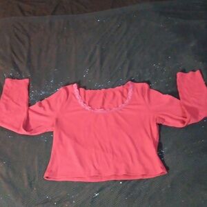 Shein Deep Red Ribbed Lace Scoop Neck Long Sleeve Crop Top (L)